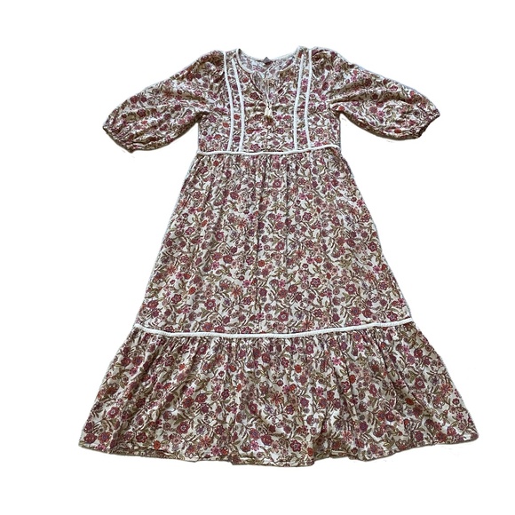 OLD NAVY Floral-Print Tie-Neck Midi Dress, Medium Bohemian Cottagecore Peasant - Picture 4 of 14
